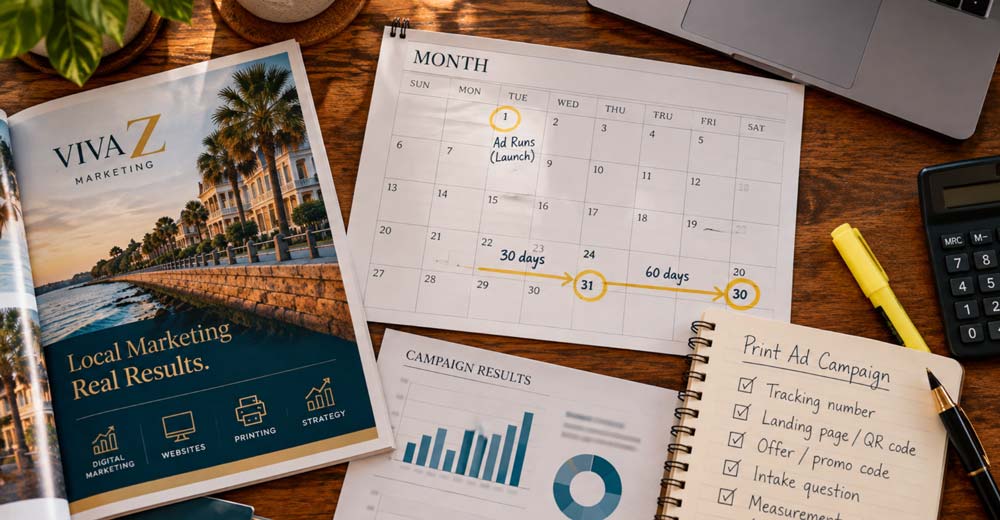 Measuring print advertising ROI with campaign calendar tracking notes and performance data