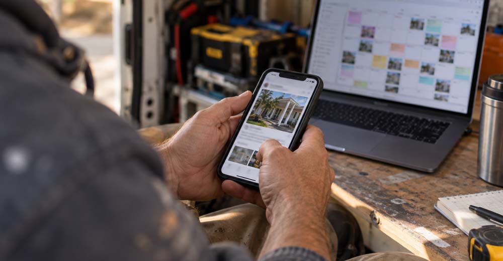 Charleston small business owner reviewing scheduled social media posts on a smartphone